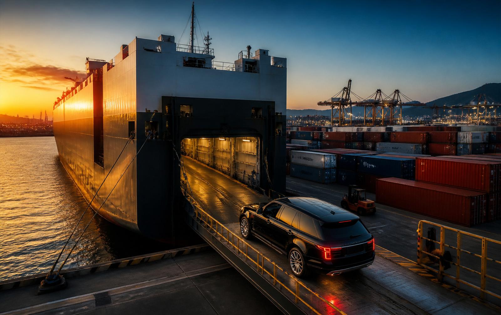 Luxury SUV being loaded onto a RoRo cargo vessel at a container port